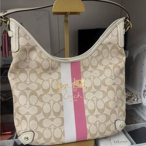 Coach Cream and Pink Shoulder Bag with Signature Monogram
